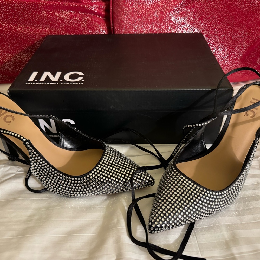 Rhinestone wrapping ankle ties over stiletto heels  dress sandals  size 8